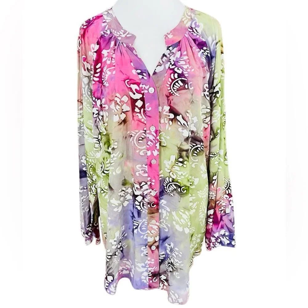 SOFT SURROUNDINGS Batik Pink Purple Green Tunic Style 2AR48 size M.